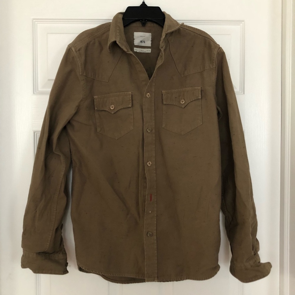 Olive Green Long Sleeve Denim-ish Button Up Shirt